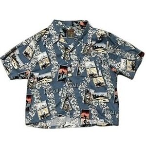 Vtg Pineapple Connection Womens Hawaiian Shirt Blue Postcard Print Rayon Large L